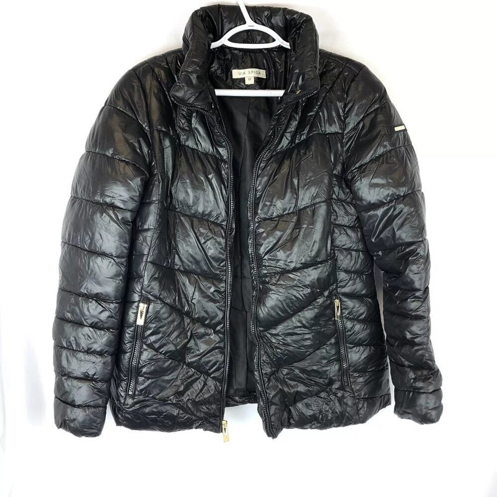 Via Spiga Women’s Black Shine Puffer Jacket, Size Medium